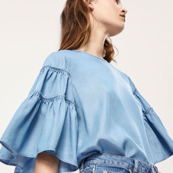 Massimo Dutti Tops - Massimo Dutti Lyocell Chambray Ruffle Sleeve Top 4